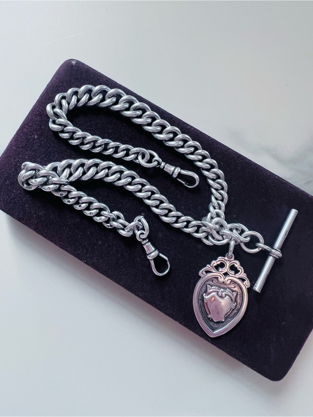 Edwardian Double Albert Watch Fob Necklace & Cartouche Sterling Silver HEAVY 16"